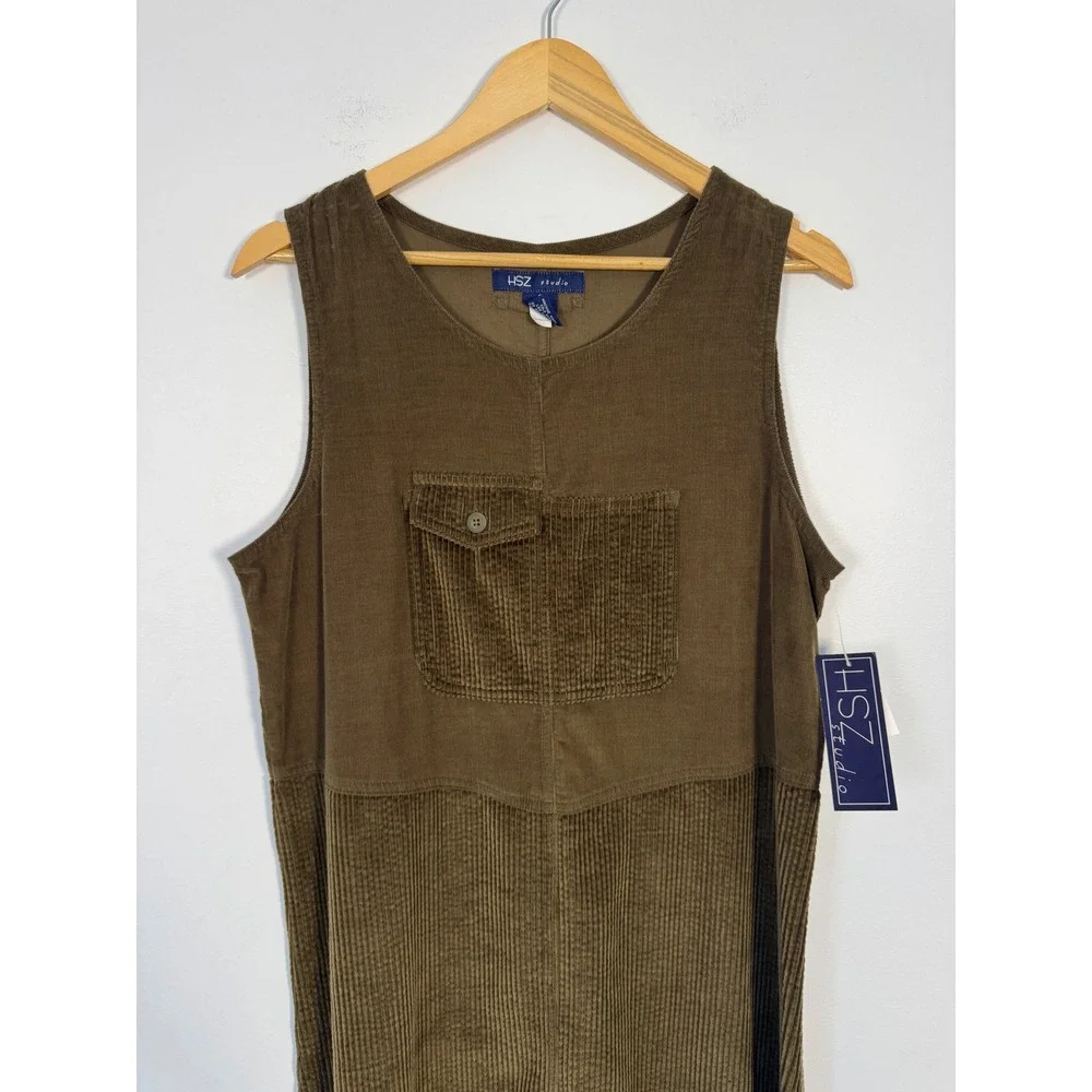 Cottagecore HSZ Studio Womens Small Jumper Dress Olive Brown Corduroy Sleeveless